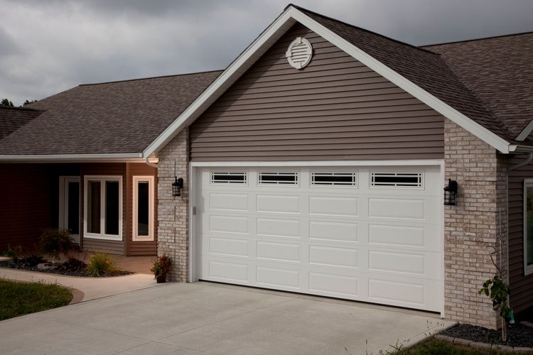 2 car white garage fiberglass raised panel with slim windows